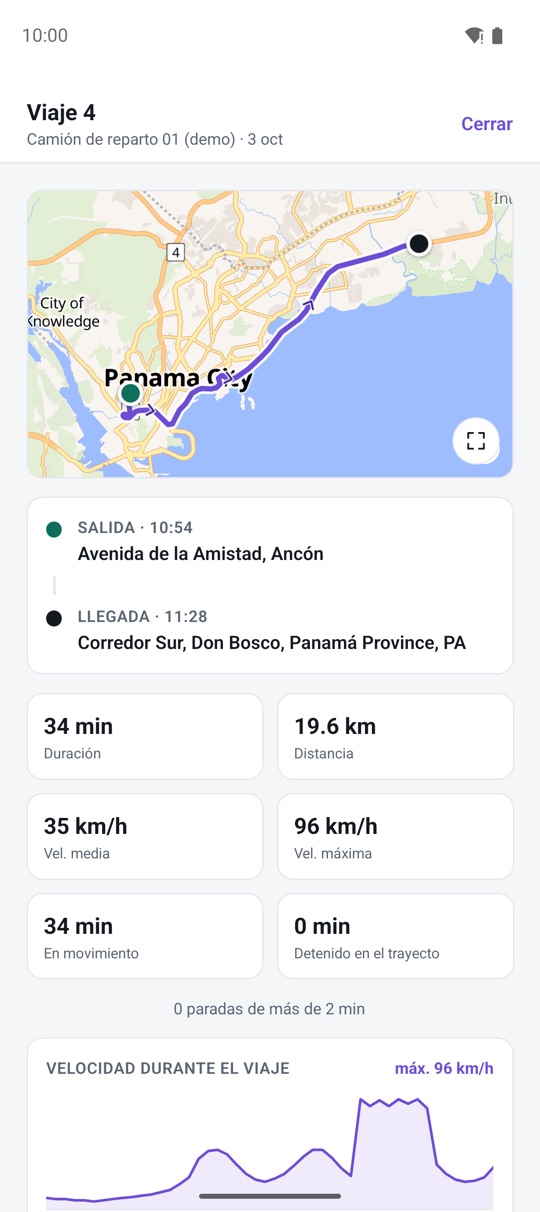Detalle de un viaje en la app de Geotrack360